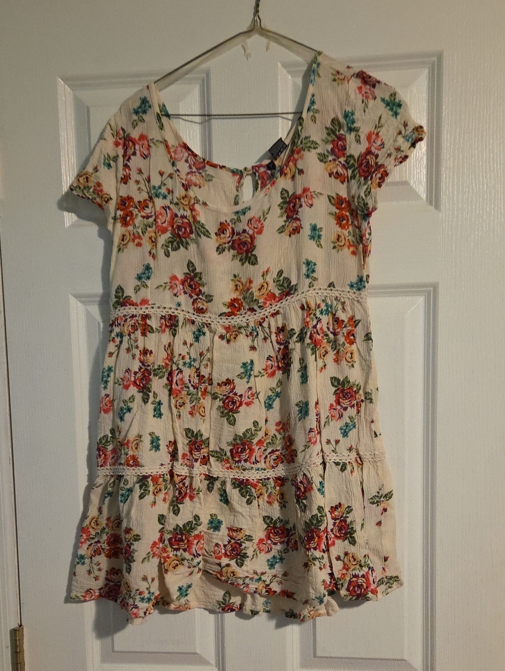 Floral Tiered Summer Dress - Cream with Red & Teal Flowers